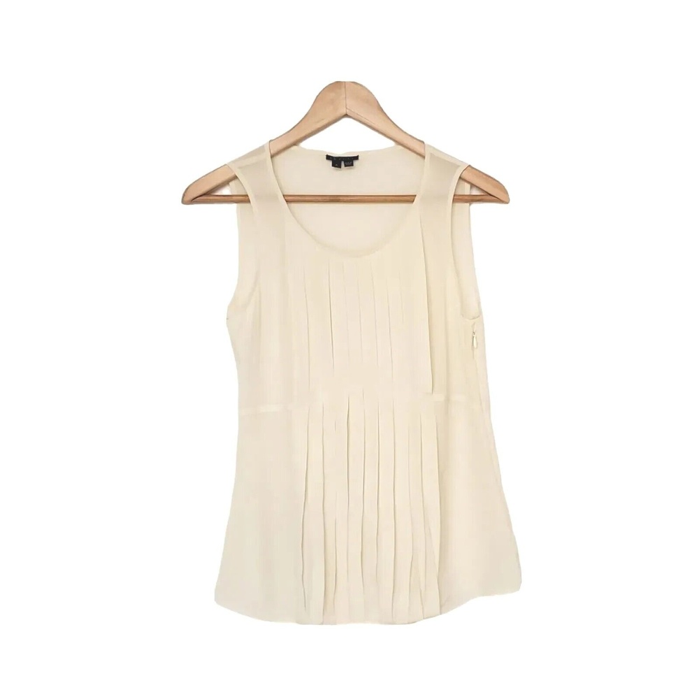 Theory Womens Petite 100% Silk Ivory Beige Pleated Body Sleeveless Blouse Top